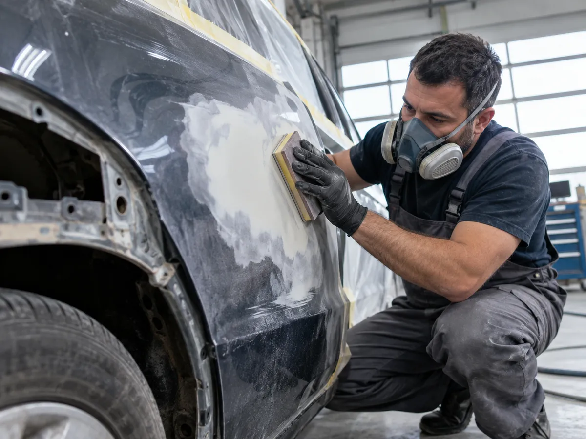 Auto-limar u maski brusi gletovan blatobran auta brusnim drvetom